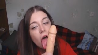 Slim brunette with juicy big possessions gives excellent blowjob on a pov video camera